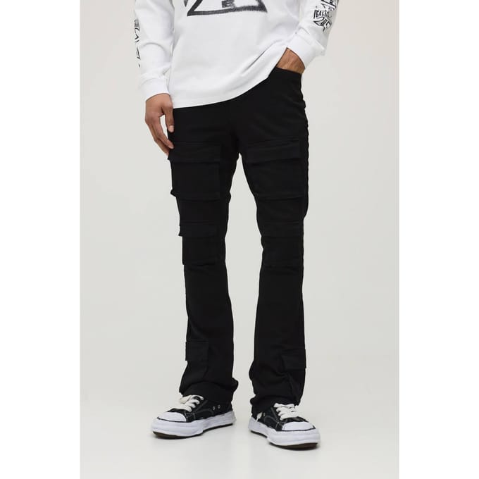 Skinny Gestapelde Flare Multi Cargo Broek | Black | Size 32
