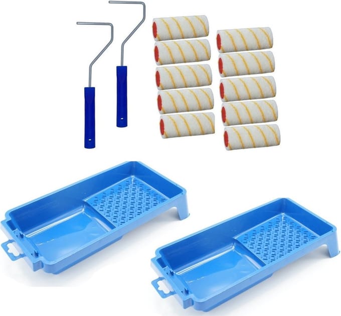10x verfroller / vachtrollers incl 2 rollerbeugels en 2 verfbakken - 10 cm - rollers voor het schilderen van wanden en plafonds