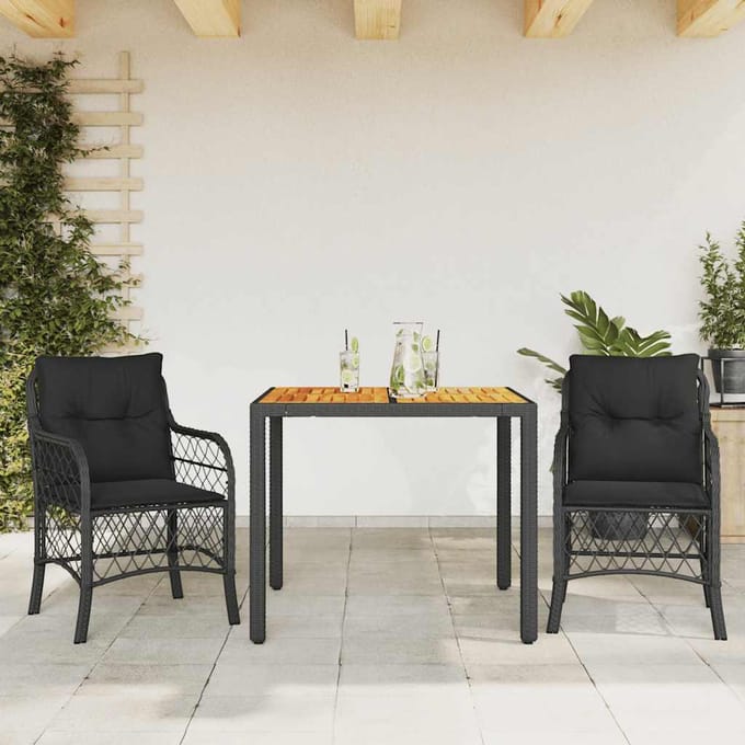 vidaXL - 3-delige - Bistroset - met - kussens - poly - rattan - zwart