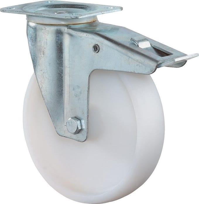 Zwenkwiel Ø 100mm 125kg op plaat en rem polyamide