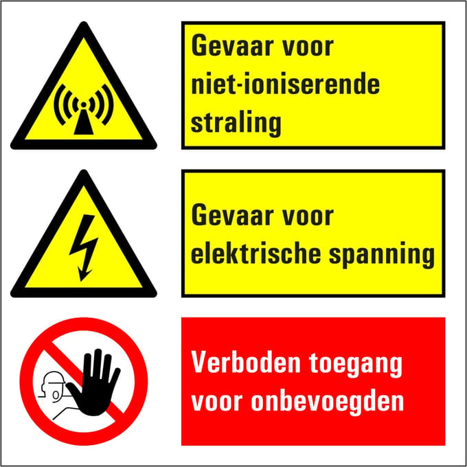 Gevaar voor elektrische spanning en ioniserende straling sticker 200 x 200 mm