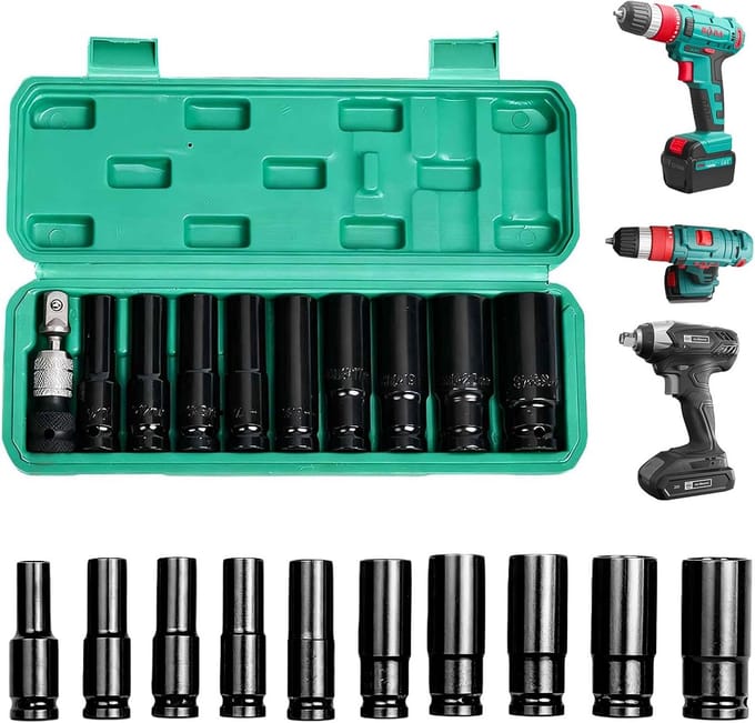 Dopsleutelset 1/2 inch 11-delig 10-24 mm lang zwart koolstofstaal met koffer