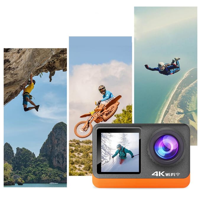 Actiecamera 4K Ultra HD 24MP Waterdicht Anti-trillen met 2,0 inch aanraakbedieningsscherm Dubbel scherm zwart