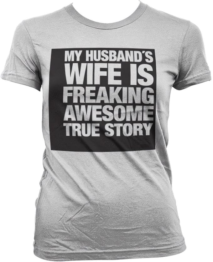 Dames Fun Tshirt -S- My Husband's Wife... Wit