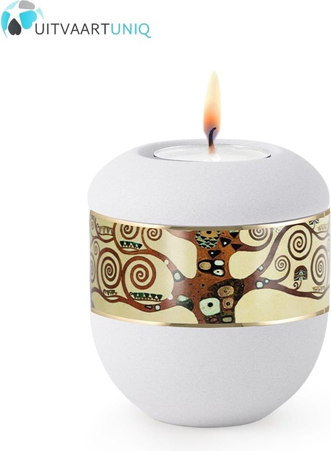 Mini urn modern levensboom wit - met lichtje