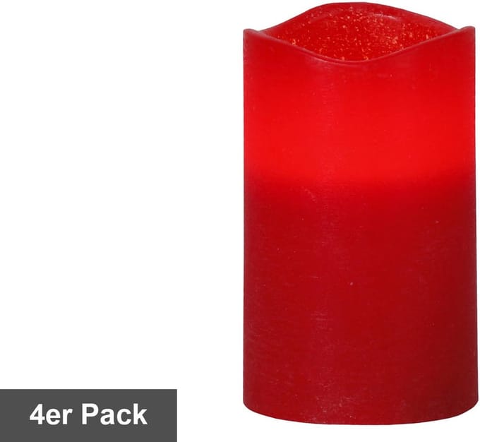 Star Trading kaarsenset mei, 4 stuks, pilaarkaarsen, was, rood, LED, timer, warm wit, 12,5 cm