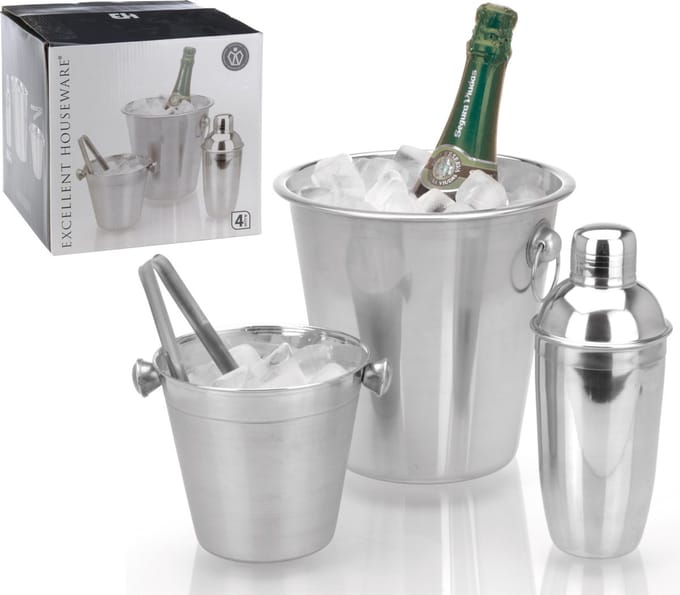 Excellent Houseware Bar set RVS 4 delig: wijnkoeler, shaker, ijsemmer en tang - OP = OP