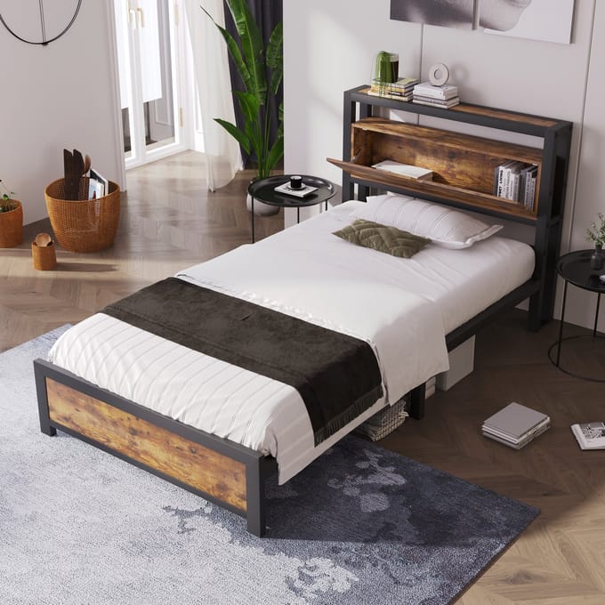 Metalen Bed Jeugdbed90x200-Opberg Hoofdeinde-Bedframe milieuvriendelijk