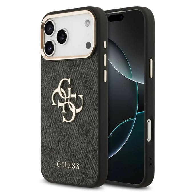 Guess 4G Metal Logo Backcover voor de Apple iPhone 17 Pro Max - Gold Edge - Black