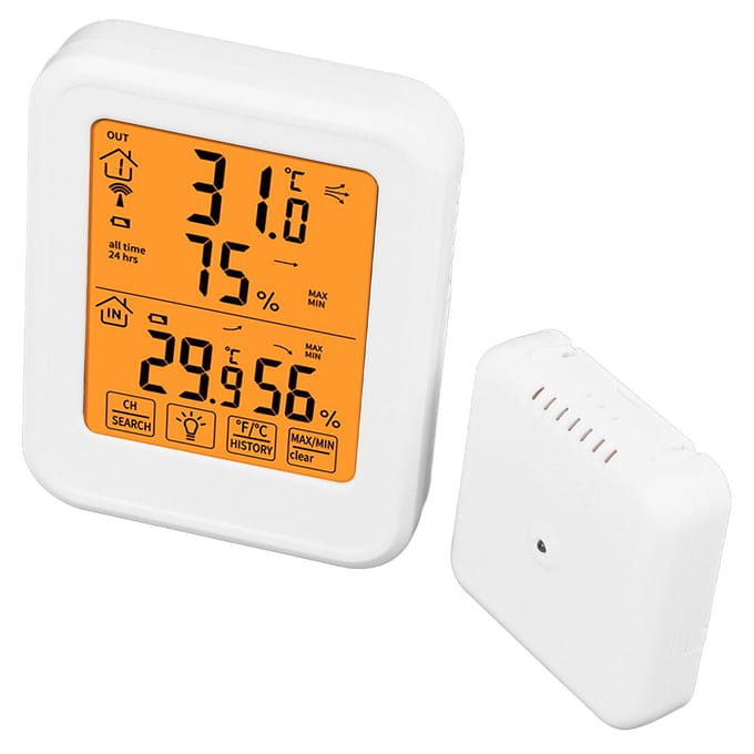 1 op 1 Draadloze Hygrometer Thermometer LCD Achtergrondverlichting Waterdicht Touchscreen Temperatuur Vochtigheid orange