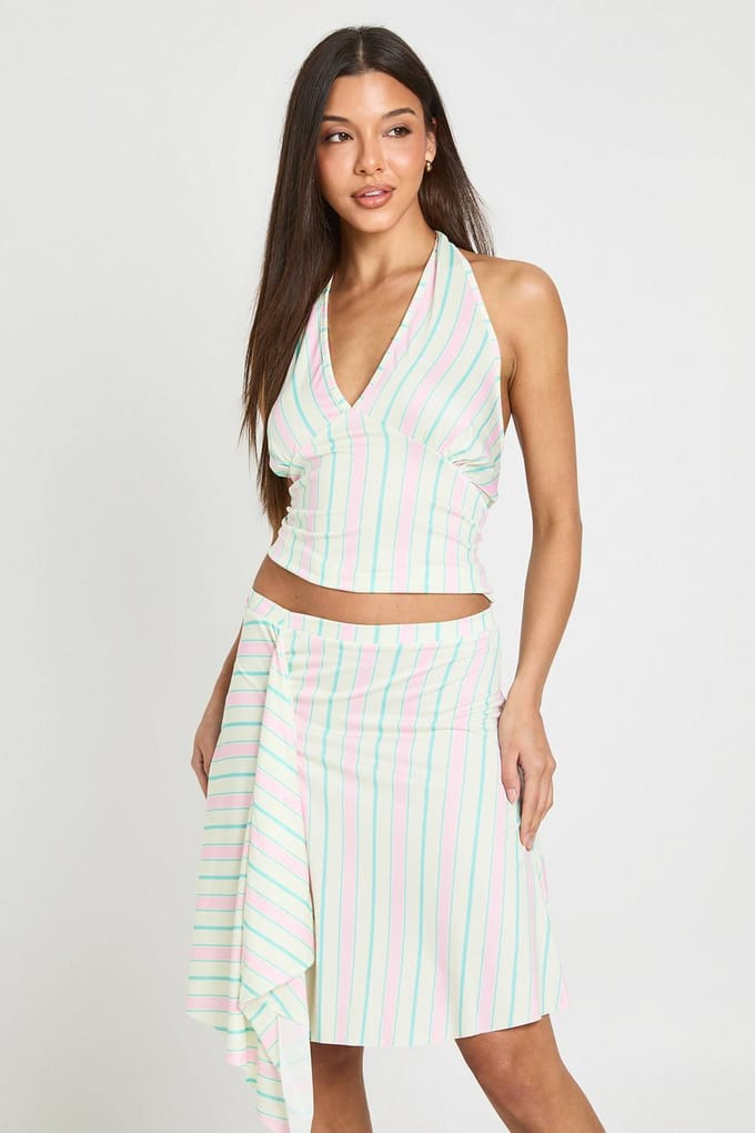 boohoo Dames Gestreepte Midi-rok Met Puntzoom | Roze | Maat: 36