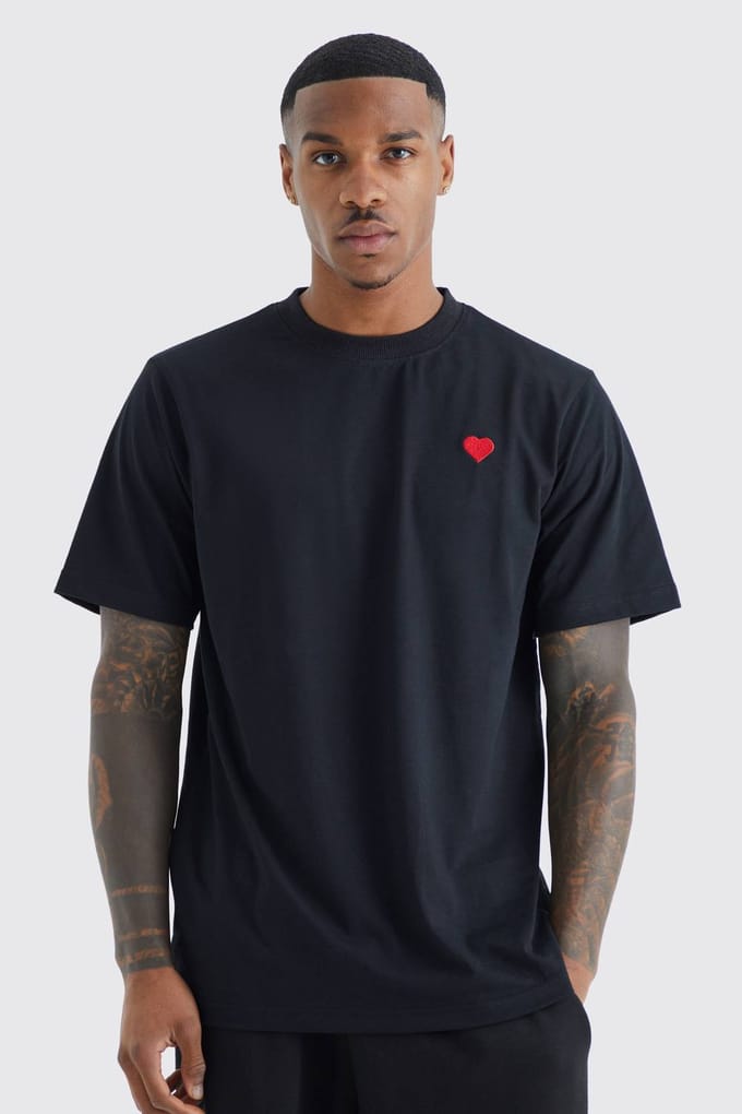 Heart Embroidered T-Shirt | Black | Size XL