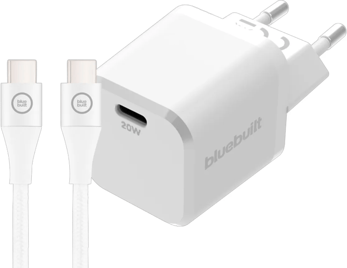BlueBuilt Power Delivery Oplader 20W + Usb C Kabel 3m Nylon Wit