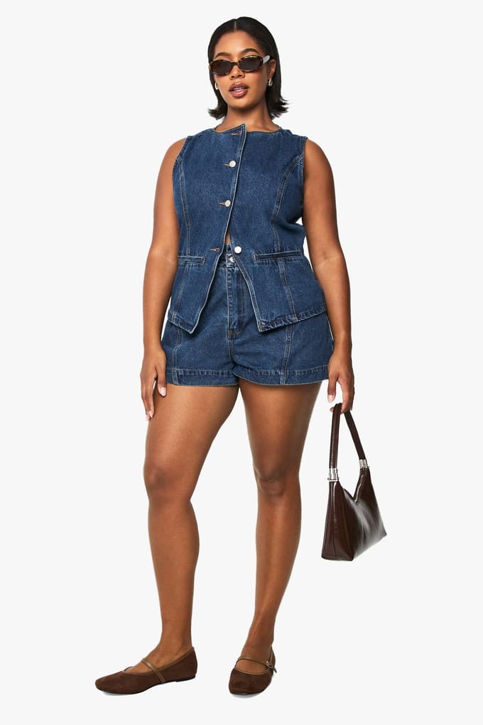 boohoo Dames Plus Denim Longline Weste | Medium Blauw | Maat: 44