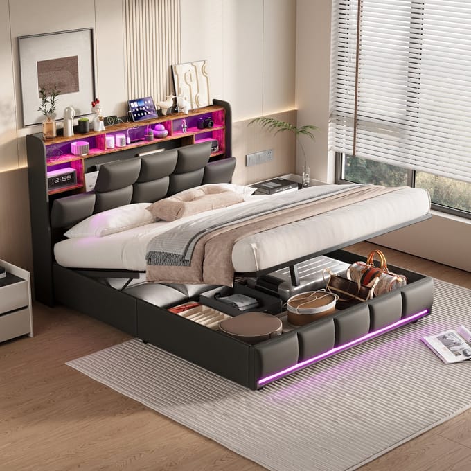 Opbergbed 140x200 Zwart PU – Bed met LED, USB & Opbergruimte