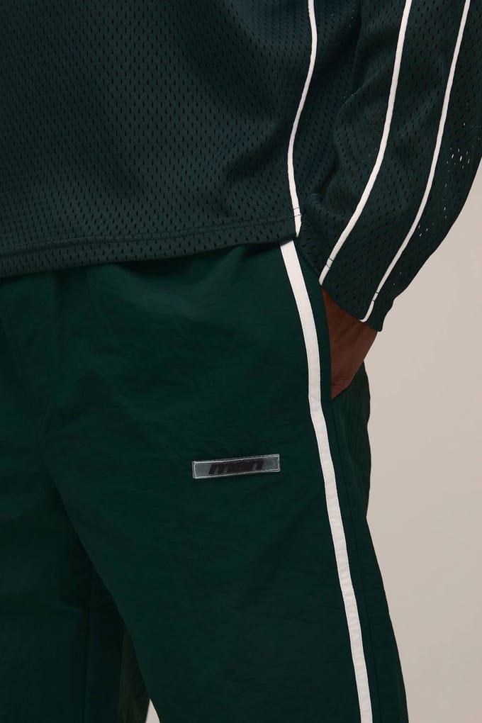 Relaxed Fit Side Stripe Logo Print Nylon Track Pants | Forest | Size Medium