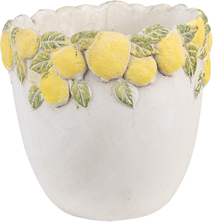 Clayre & Eef Bloempot Ø 20x19 cm Wit Geel Steen Citroenen