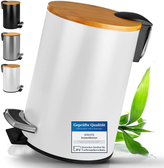 Luxe Afvalemmer Badkamer met Bamboe Deksel en Softclose, 5 Liter Wit