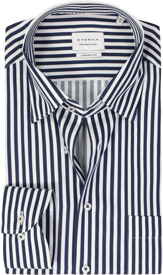 ETERNA comfort fit overhemd - satijnbinding - donkerblauw gestreept - Strijkvrij - Boordmaat: 52