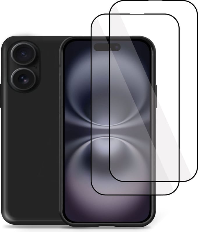 Hoesje + 2x Screenprotector geschikt voor Apple iPhone 16 Plus – Full Screen Tempered Glass - Liquid Back Case Cover Zwart