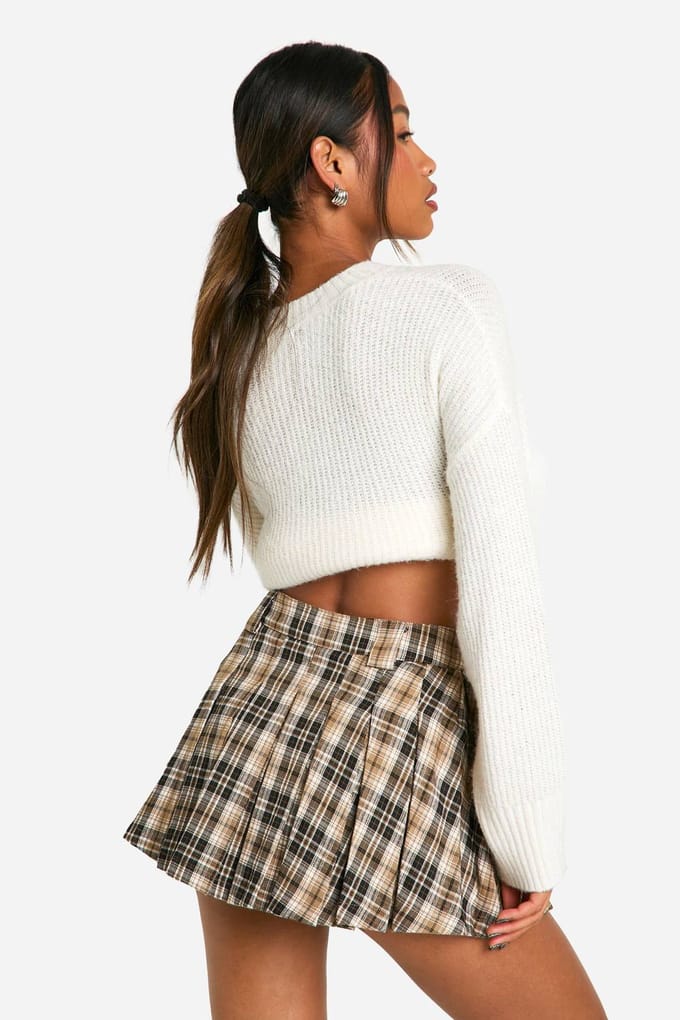 boohoo Dames Check Pleat Mini Skirt | Sand | Maat: 12