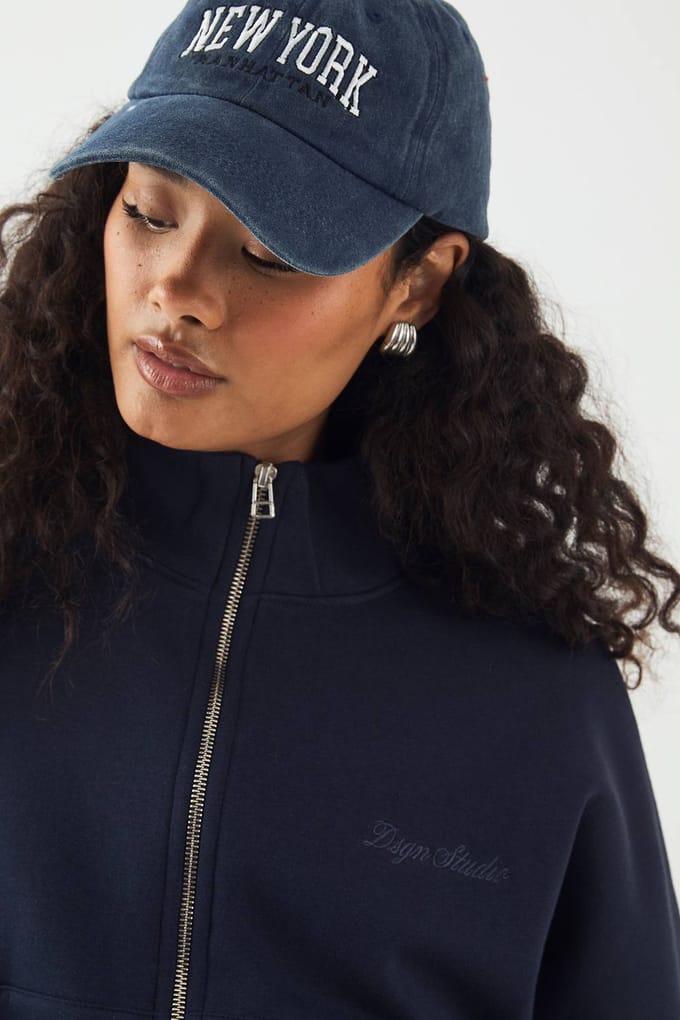 Dames DSGN Studio Borduurwerk Zip Through Trechter Hals Bomber | Navy | Maat: 2XL