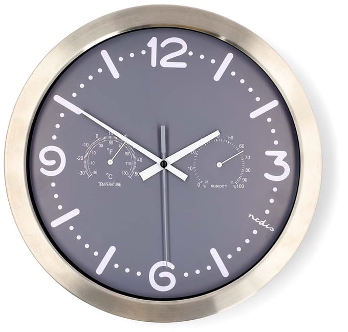 Nedis Wandklok - Diameter 30 cm - Stil Uurwerk - Thermometer - Hygrometer - Grijs