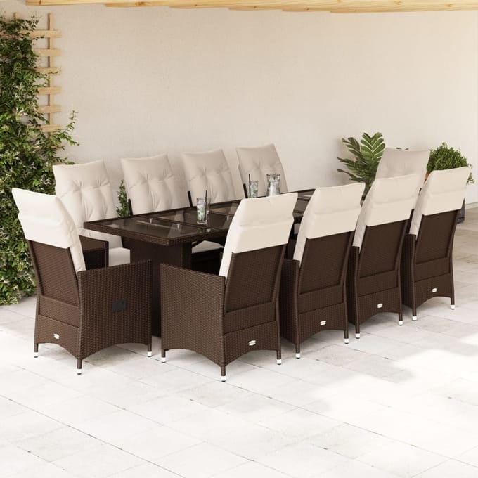 vidaXL - 11-delige - Bistroset - met - kussens - poly - rattan - bruin
