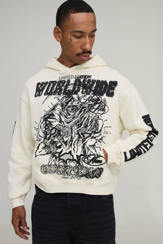 Ecru Oversized Boxy Limited Edition Hoodie Met Reaper Print | Size XS