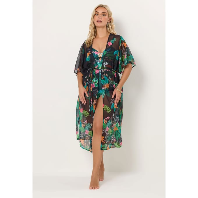 Yours Zwarte Middellange Kimono Met Tropische Print Size 54-56