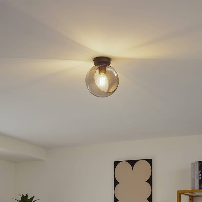Lindby - plafondlamp - 1licht - Glas, ijzer - H: 22.6 cm - E27 - rookgrijs, zwart