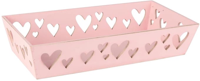 Dekoratief | Bakje m/hartjes, roze, hout, 30x15x6cm | A260234