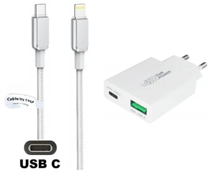 45W super snellader met 2 poorten + 2,0m USB C naar Lightning kabel. Universele PD PPS lader. Compacte GAN oplader adapter past op Apple iPhone SE 2, iPhone 8, 8 Plus, iPhone 10, iPhone X, iPhone XR, iPhone XS, iPhone XS Max