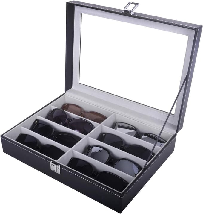 Leather Glasses Storage and Sunglasses Display Case Organizer - Black - 8 Piece - AW-082 Black Grey