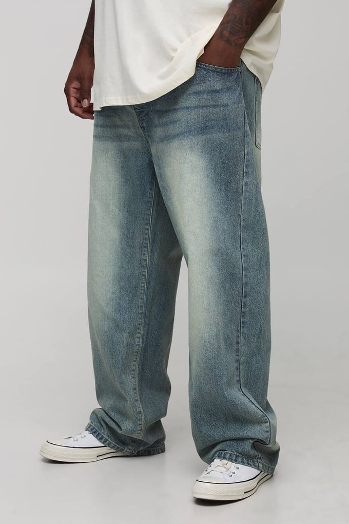 Plus Rechtlopende Extreme Washed Geweven Tab Jeans | Blue | Size 46R