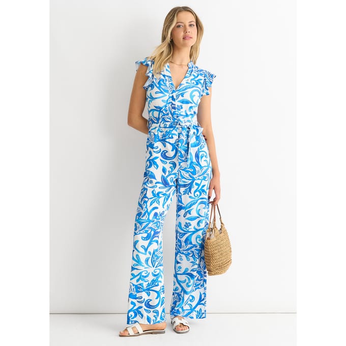 Jumpsuit met blauwe ruches en mouwen