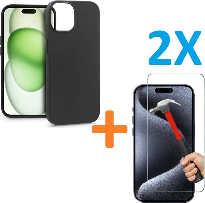 Soft TPU Zwart hoesje Silicone Case + 2 stuks Glas Screenprotector - Geschikt iPhone 15 Plus