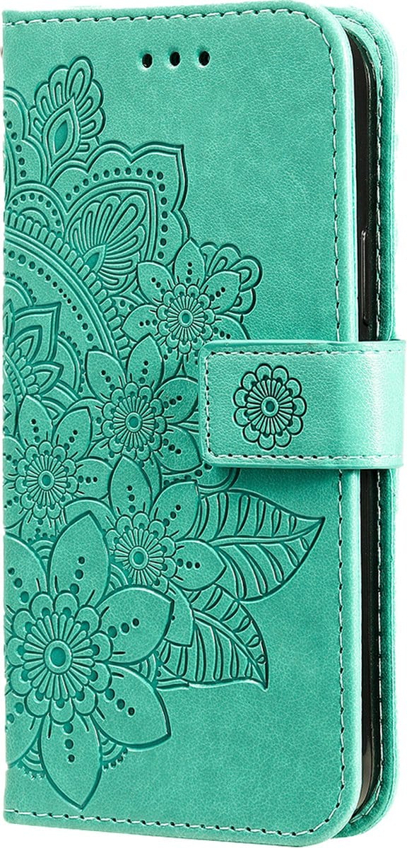 Hoesje geschikt voor iPhone 16 Pro Max - Bookcase - Pasjeshouder - Portemonnee - Bloemenprint - Kunstleer - Turquoise