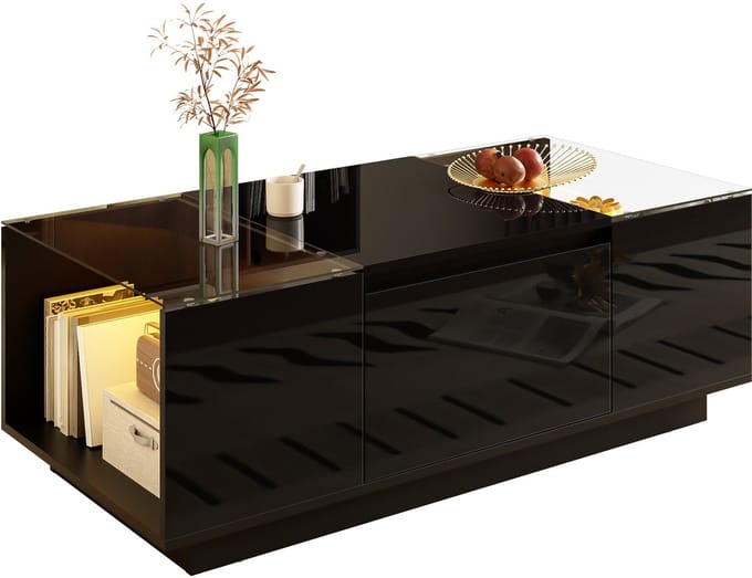 Salontafel - 105 cm - LED en Glasplaat - 2 Laden en Opbergruimte - Glas en MDF - Wit