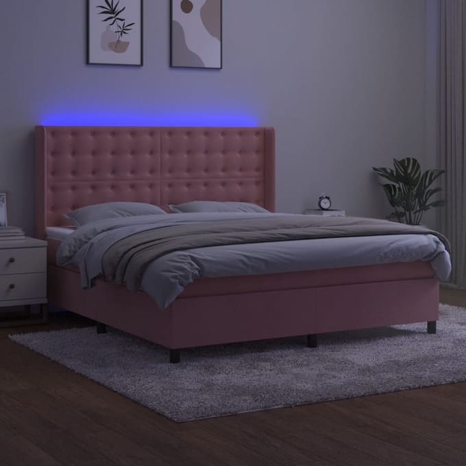 vidaXL - Boxspring - met - matras - en - LED - fluweel - roze - 160x200 - cm