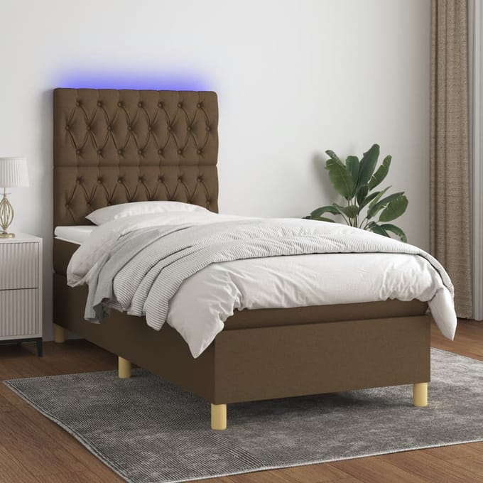 vidaXL - Boxspring - met - matras - en - LED - stof - donkerbruin - 100x200 - cm