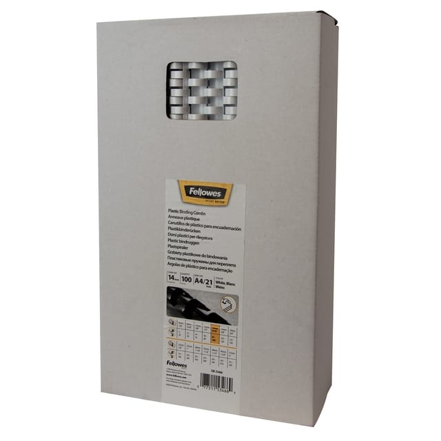 Fellowes plastic inbindruggen, formaat 14 mm, 100 stuks, voor inbindmachines plastic inbindrug wit, 100 stuks