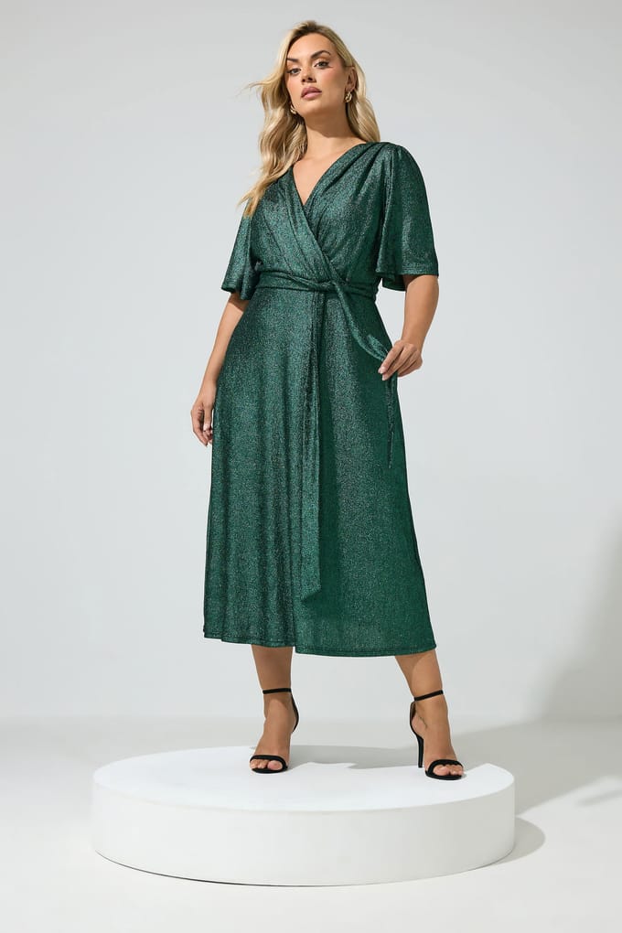 Yours London Groene Metallic Maxiwikkeljurk Size 48