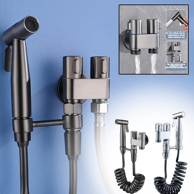 G1/2 Wandgemonteerde Douche Handheld Hand Bidet Kraan Badkraan Handsproeier Douchekop Hoekklep Beugel Dubbele Uitlaat zwart