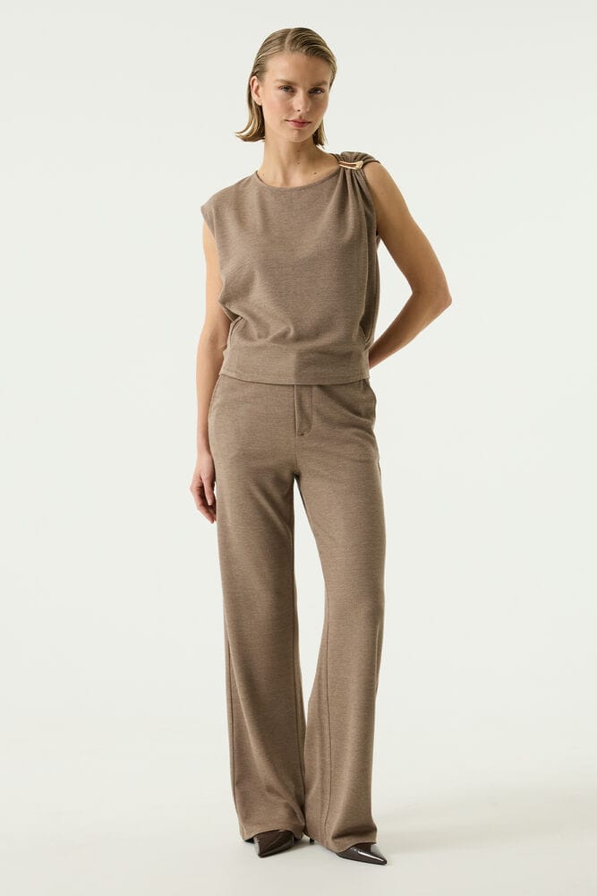 Garcia bruine dames broek   Wide leg fit   Steekzakken   Structuur patroon   Knoop- en ritssluiting   Regular waist Bruin XXL