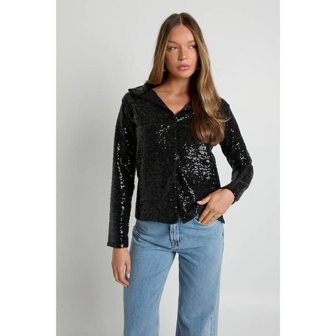 boohoo Dames Pailletten oversized doorgeknoopt overhemd | Black | Maat: 6