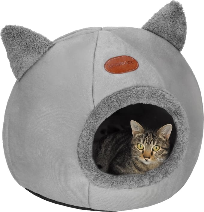 Springos Kattenmand - Kattenhuis - Bed - Kussen - 27 x 31 x 36 cm - Grijs
