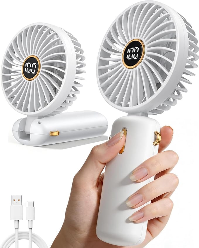 Handventilator Opvouwbaar - Oplaadbaar met LED Display - 5 Snelheden - Draagbaar - Wit
