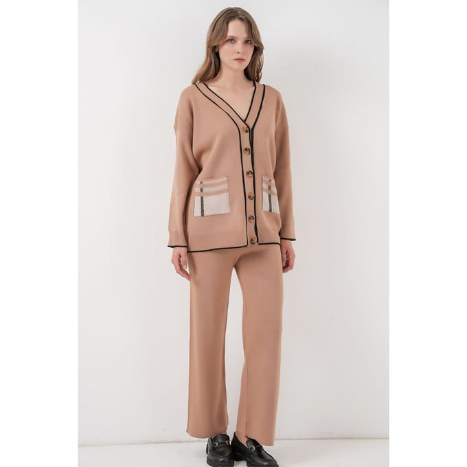 Pocket Gedetailleerde V-hals Cardigan en Wijde Broek Set