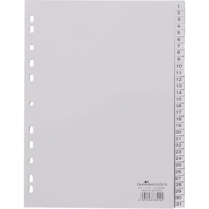 DURABLE Register 652310 DIN A4 volldeckend 1-31 31tlg. PP grau